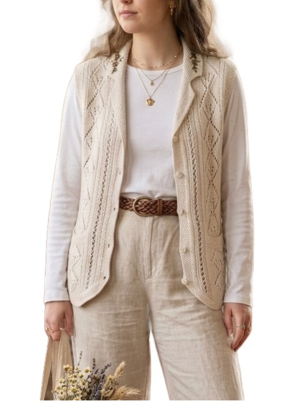 Vintage 90s Ralph Lauren Hand Knit Vest Linen Cotton PS Embroidered Cottagecore